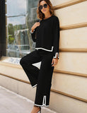 Tanming Women's 2 Piece Outfits Long Sleeve Knit Sweater Top Wide Leg Pants Lounge Sets Tracksuits