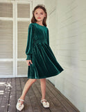 Arshiner Girls Long Sleeve Dress Velvet Crew Neck Midi Fall Vintage Plain Dress for Kids 4-13Y