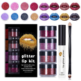 YECDET Sheglittary Glitter Lip Kit, 4 Color Glitter Lipstick with Lip Primer and Brush, Diamond And Glitter Metallic Lip Powder, Waterproof & Long Lasting & Smudge Proof (Set A)