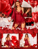 RSLOVE Women Sexy Lingerie Set 3 Piece Babydoll & Lace Kimono Robe Strap Chemise Mesh Nightgown Wine Red M