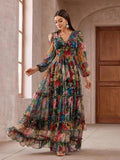 Summer Casual Dresses for Women 2024 Spring Fashion Boho V Neck Long Sleeve Ruffle Floral Print Elegant Maxi Dress