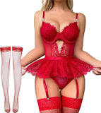 Women Lingerie Set Naughty Lace Bodysuit High Waisted Underwire Lingerie Babydoll With Garter Belt and Stockings