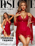 RSLOVE Women Sexy Lingerie Set 3 Piece Babydoll & Lace Kimono Robe Strap Chemise Mesh Nightgown Wine Red M