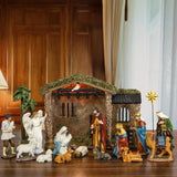 Fovths 17 Pieces Lighted Nativity Christmas Nativity Stable Manger Religious Nativity Stable Manger Figurine Resin Decor for Deluxe Edition Led Nativity Tabletop Holiday Centerpieces Decor, 7 Inch