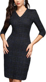 M.Infisavo Sheath Dresses for Women 2025 Notch V Neck 3/4 Sleeves Slim Fit Office Pencil Dress