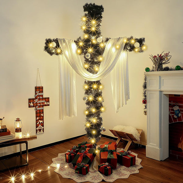 6Ft Artificial Christmas Cross Tree with a String Lights and a White Silk Scarf Christmas Easter Decorations Jesus Christ Catholic Cross Decor He is Risen Decorative Cross Tree for Outdoor Home Decor