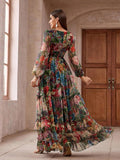 Summer Casual Dresses for Women 2024 Spring Fashion Boho V Neck Long Sleeve Ruffle Floral Print Elegant Maxi Dress