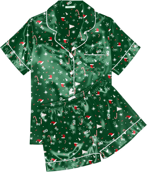 Ekouaer Womens Silk Satin Pajama Sets Soft Short Sleeve Button Down Sleepwear Top and Shorts 2 Piece Pjs Lounge Set