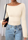 7DAY'S Women's Long Sleeve Shirts 2025 Fall Crop Going Out Tops Casual Boat Neck Bell Sleeve Ribbed Ruched Y2K Clothes