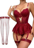 Women Lingerie Set Naughty Lace Bodysuit High Waisted Underwire Lingerie Babydoll With Garter Belt and Stockings