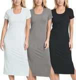 Real Essentials 3 Pack: Women's Ribbed Jersey Crew Neck Short Sleeve Midi Length Dress with Side Slit
