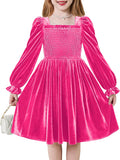 Arshiner Toddler Velvet Dress Girls Smocked Square Neck Puff Long Sleeve Party Dresses with Pockets 3-8Y