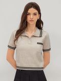 CIDER Short Sleeve Sweater Knit Top Collar Neck Stripe Pullover Casual Elegant Women’s Collared Sweaters