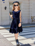 Arshiner Girls Dresses Contrast Mesh Velvet Long Sleeve A-Line Vintage Party Dress with Pockets