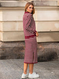 Glamaker Womens 2 Piece Skirt Sets Striped Sweater Dress Casual Polo Neck Knit Long Sleeve Midi Dresses Fall Fashion Outfits