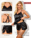 RSLOVE Women Pajama Set Sleepwear - Satin Pajamas Silk V Neck Cami and Shorts Pjs 2 Piece Womens Sexy Lace Lounge Nightwear