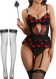 Women Lingerie Set Naughty Lace Bodysuit High Waisted Underwire Lingerie Babydoll With Garter Belt and Stockings