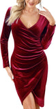 Aphratti Women's Velvet Dress Long Sleeve Wrap V Neck Split Ruched Bodycon Cocktail Party Fall Dresses for Wedding Guest 2025