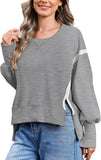 Women's Crew Neck Sweatshirts Casual Loose Long Sleeve Side Slit Oversized Reverse Seam Sweatshirt Clothes Pullover