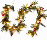 Christmas Garland 6FT 20 LED Bulbs Cypress Pine Garland with Lights Battery Operated with Timer Bells Red Berries Pinecones Green Garlands Decoration for Xmas Holiday Thanksgiving New Year Home Decor