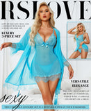 RSLOVE Women Sexy Lingerie Set 3 Piece Babydoll & Lace Kimono Robe Strap Chemise Mesh Nightgown Wine Red M