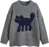 CIDER Women’s Cat Sweater Long Sleeve Crew Neck Fun Graphic Cute Patterned Pullover Sweater Tops