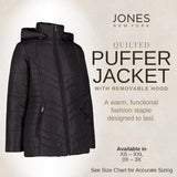 Jones NY Women's Puffer Jacket Zippered Removable Bungee Hood Womens Winter Coat