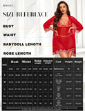 RSLOVE Women Sexy Lingerie Set 3 Piece Babydoll & Lace Kimono Robe Strap Chemise Mesh Nightgown Wine Red M