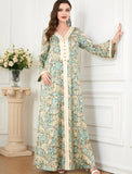 FYMNSI Abaya Dress for Women Muslim Modest Maxi Robe Floral V Neck Eid Prayer Dresses Dubai Clothing Arabian Islamic Kaftan