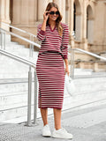 Glamaker Womens 2 Piece Skirt Sets Striped Sweater Dress Casual Polo Neck Knit Long Sleeve Midi Dresses Fall Fashion Outfits