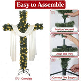 6Ft Artificial Christmas Cross Tree with a String Lights and a White Silk Scarf Christmas Easter Decorations Jesus Christ Catholic Cross Decor He is Risen Decorative Cross Tree for Outdoor Home Decor