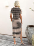ANRABESS Womens 2 Piece Outfits Striped Sweater Skirt Sets 2025 Summer Casual Short Sleeve Pullover Tops Travel Midi Dress