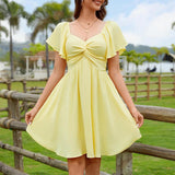 New Square-neck  Short-sleeve  High-waisted Dress