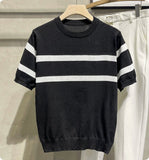 Men's Retro-style Round-neck Knitted Top With Ice Silk Short Sleeves