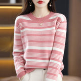 Versatile Loose-fitting Round-neck Striped Knit Top For Fallwinterstylish And Perfect As A Base Layer