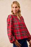 BiBi Christmas Plaid Balloon Sleeves Ruffled V-Neck Top