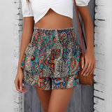 Ethnic-style Printed High-waisted Pleated Wide-leg Shorts