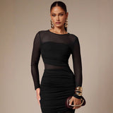 Womens Solid-Color Crew-Neck Mesh-Patchwork Bodycon Midi Skirt