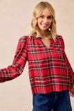 BiBi Christmas Plaid Balloon Sleeves Ruffled V-Neck Top
