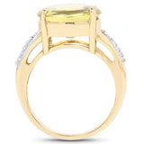 14K Yellow Gold Plated 9.26 Carat Genuine Lemon Topaz Buff Top and White Diamond Brass Ring