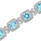 .925 Sterling Silver 7x7 mm Cushion Cut Blue Topaz and 1/10 Ctw Single Cut Diamond Square Shape Tennis Bracelet (I-J Color, I1-I2 Clarity) - 7"