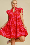 Umgee Full Size Two Tone Floral Print Ruffle Cap Sleeve Mini Dress Plus Size