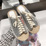 Sequin Lace-Up Flat Sandals with Straw Fisherman Sole