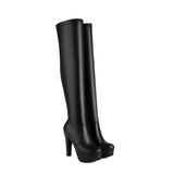 Womens Round-toe Chunky High-heeled Solid-color Side-zip Long Boots