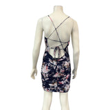Lulus Lush Looks Navy Blue Floral Print Lace-Up Bodycon Mini Dress, XL
