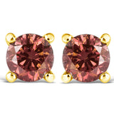 14K Yellow Gold 1.00 Cttw Round Brilliant Cut Lab Grown Pink Diamond 4-Prong Classic Solitaire Earrings (Pink Color, VVS2-VS1 Clarity)
