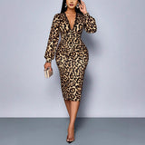 Womens Leopard-Print Long-Sleeve Mid-Length Split Dress