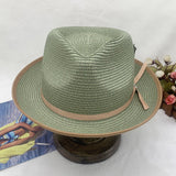Olive Green Rolled-brim Straw Hat With Bow For Sun Protection Artistic Style For Men And Women