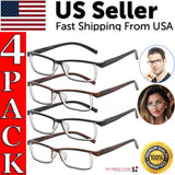 4 Pack Reading Glasses Readers Men Women Square Frame Spring Hinge Unisex Pairs
