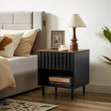 Set of 2 Mid Century Modern Nightstand with Grille Striped Doors,